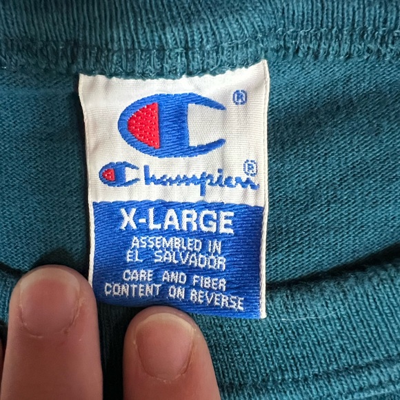 Y2K Champion Script Logo T-Shirt Teal Blue XL Embroidered - Picture 2 of 4